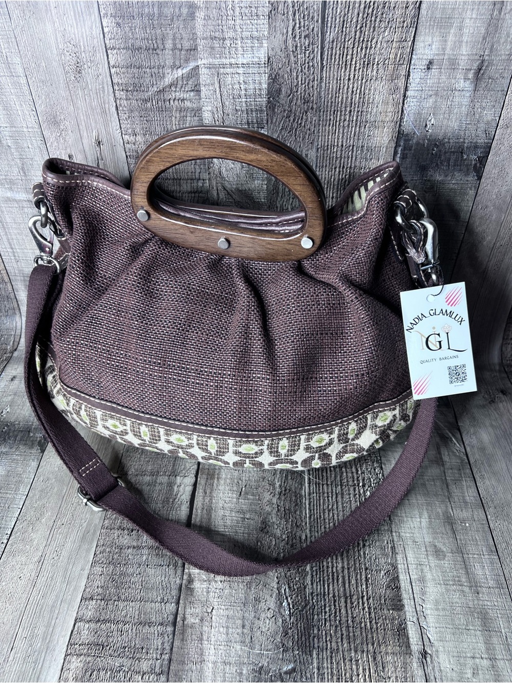 Fossil Brown Olive Canvas & Leather Medium Handbag  Magnetic Closure
